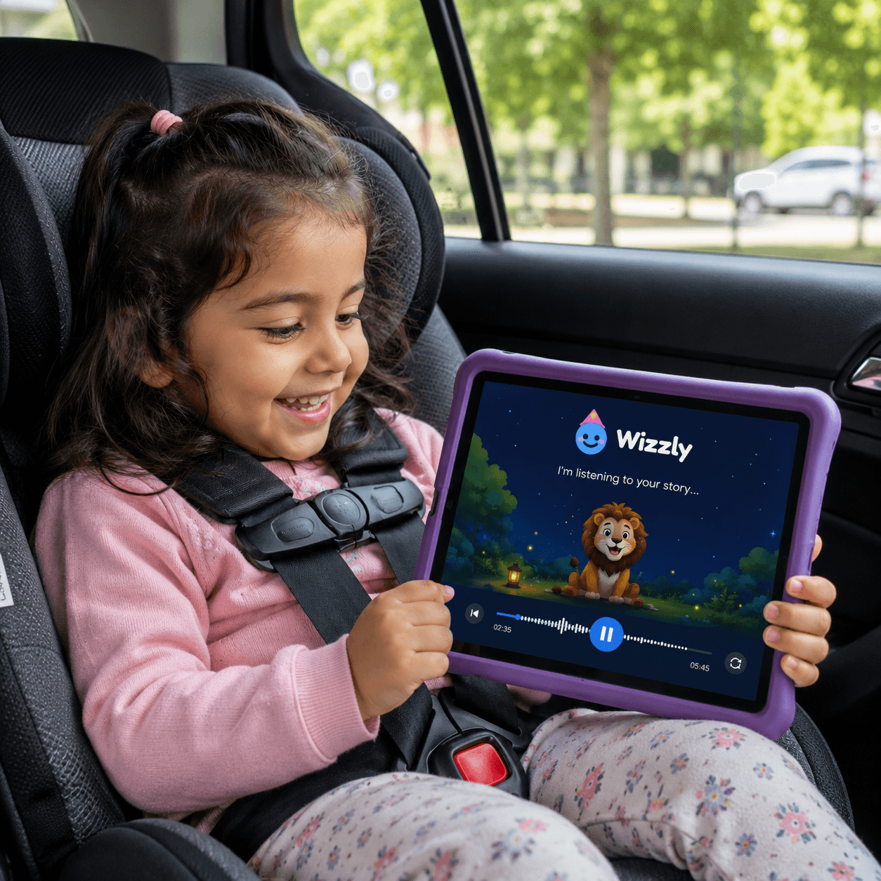 A child chatting with Wizzly, imagination and knowledge swirling around them